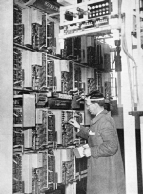 THE COMPLEXITY OF THE AUTOMATIC TELEPHONE SYSTEM is shown by the apparatus at a modern telephone exchange
