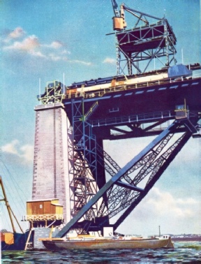 FROM THE MASONRY PIERS of the Little Belt Bridge the spans were cantilevered out