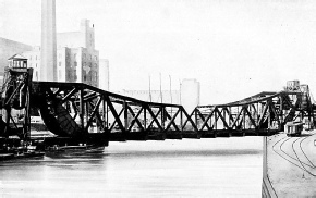 275-FOOT DOUBLE-LEAF DOUBLE-TRACK SCHERZER ROLLING LIFT BRIDGE ACROSS THE CHICAGO RIVER