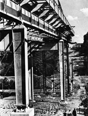 MASSIVE STEEL GIRDERS carry the dual carriageways of the German Autobahnen