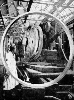 THE RACE of a large bearing being prepared on the grinding machine