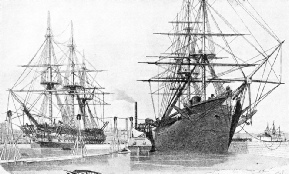 RESHIPMENT OF THE ATLANTIC CABLE on board the United States steam frigate Niagara (right) and HMS Agamemnon (left) in Keyham Basin, Plymouth