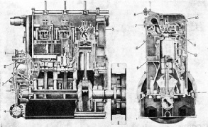 SECTIONS THROUGH THREE-CYLINDER VERTICAL ENCLOSED DIESEL ENGINE
