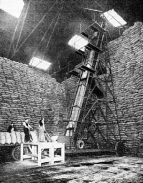 STACKING GRAIN IN THE WAREHOUSE is assisted by the use of mechanical! stackers