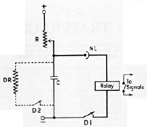 A SIMPLIFIED CIRCUIT DIAGRAM showing the electrical principles used for one type of traffic signal