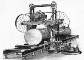 TWO LARGE STEEL PULLEYS carry the band of a horizontal band saw