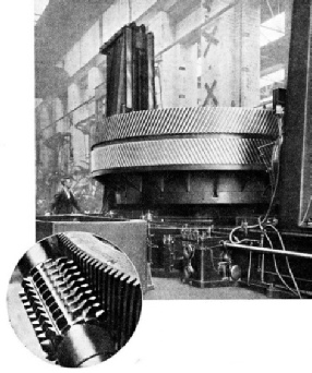 CUTTING THE TEETH of a large double helical wheel