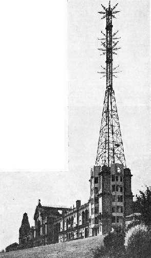 THE TRANSMITTING AERIAL TOWER on the rebuilt south-east tower of Alexandra Palace