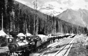 A TRAINLOAD OF TIMBER leaving a construction camp in Rogers Pass, Canadian Pacific Railway