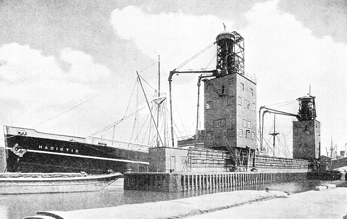 TWO TRAVELLING PNEUMATIC ELEVATORS are situated on an island jetty at the Royal Victoria Dock