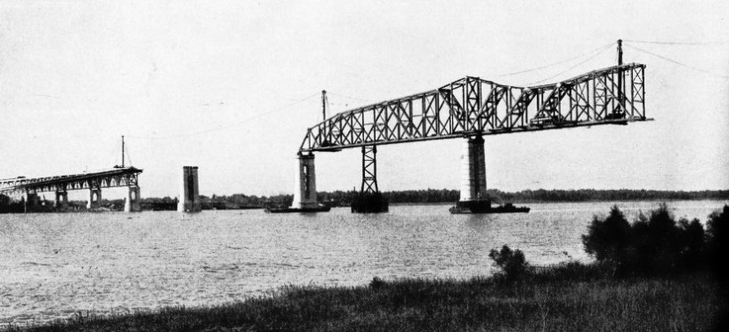 THE CENTRAL SPANS of the Huey Long Bridge during construction