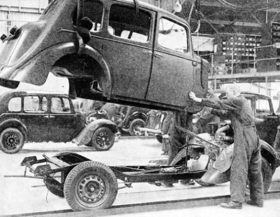 LOWERING THE BODY on to the chassis of an Austin Ten