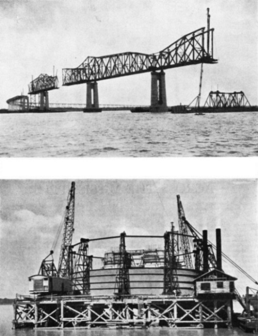 Building the Huey Long bridge across the Mississippi