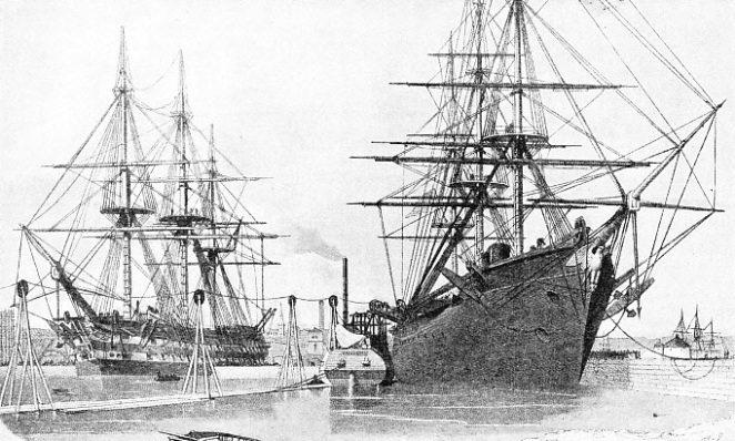 RESHIPMENT OF THE ATLANTIC CABLE on board the United States steam frigate Niagara (right) and HMS Agamemnon (left) in Keyham Basin, Plymouth