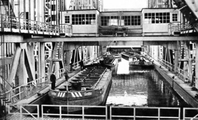 THE IMMENSE TROUGH in which barges are raised from one level of the Hohenzollern Canal to another