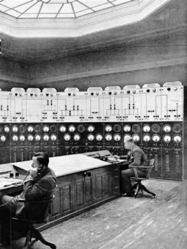 INDICATOR BOARD AND CONTROL DESK in the station from which the distribution of electricity over the entire Central England areas is controlled