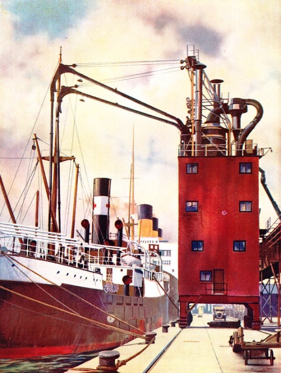 GRAIN FROM OVERSEAS for the flour mills is discharged at the quayside by pneumatic elevators