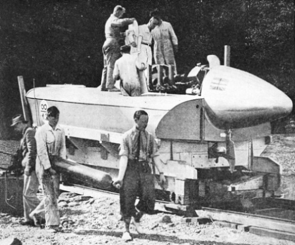 THE RECORD-BREAKING HYDROPLANE Blue Bird on her special slipway