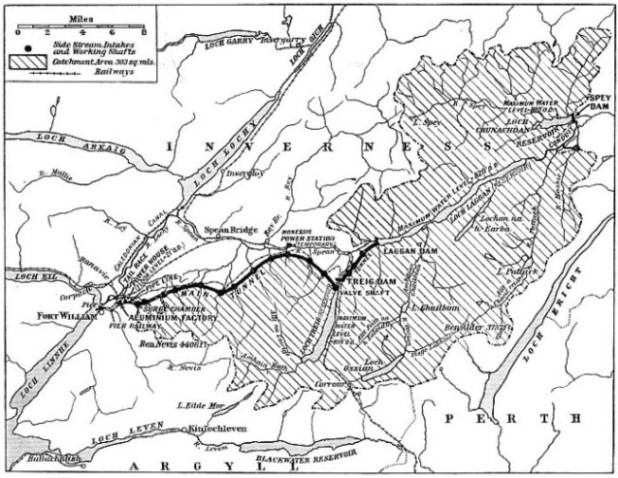 A CATCHMENT AREA OF 303 SQUARE MILES is tapped by the Lochaber Power Scheme
