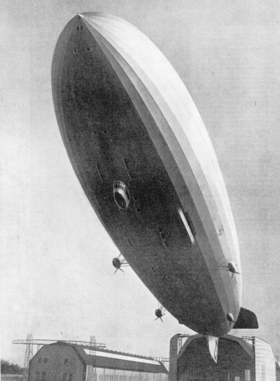 THE FOUR ENGINE CARS of the airship Hindenburg are suspended from the central section of her hull