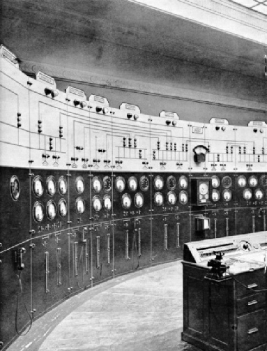 INDICATOR BOARD AND CONTROL DESK in the station from which the distribution of electricity over the entire Central England areas is controlled