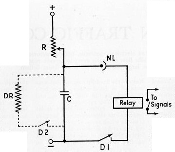 A SIMPLIFIED CIRCUIT DIAGRAM showing the electrical principles used for one type of traffic signal